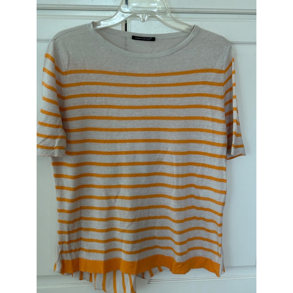 Luisa Cerano Orange Ivory Striped Linen Cotton Knit Peplum Back Top USA 6